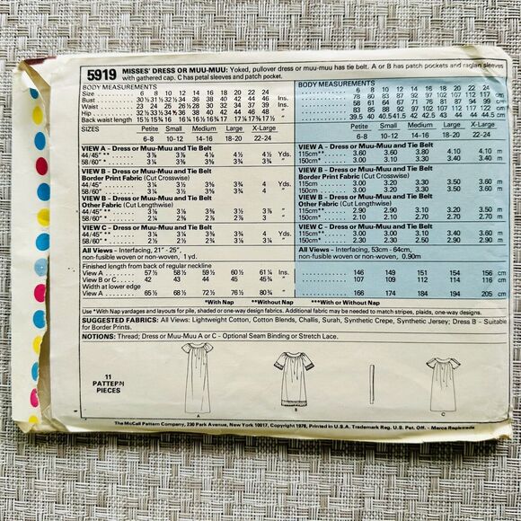 Vtg 70s McCalls Misses Dress Caftan MUU-MUU Pattern 5919 PLUS Size Large (18-20) - Picture 2 of 2